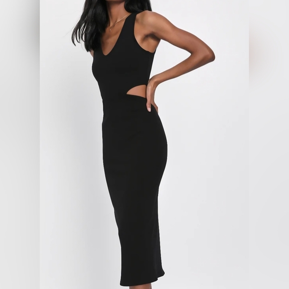 NWT Lulu's Black Ribbed Sleeveless Cutout Midi Dress Size Large Bodycon Sexy - Picture 2 of 11